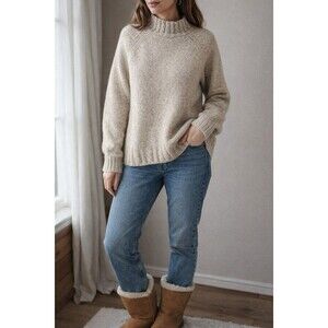 Paul James Wool Silk Sweater L Made in England Oatmeal Cable Raglan Chunky Knit